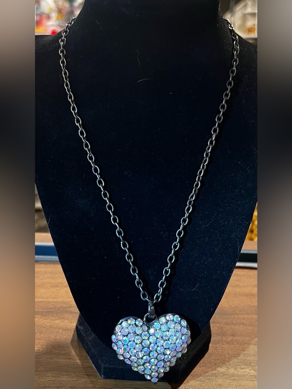 Iridescent Rhinestone Heart Pendant Statement Necklace Silver Tone 18 inches